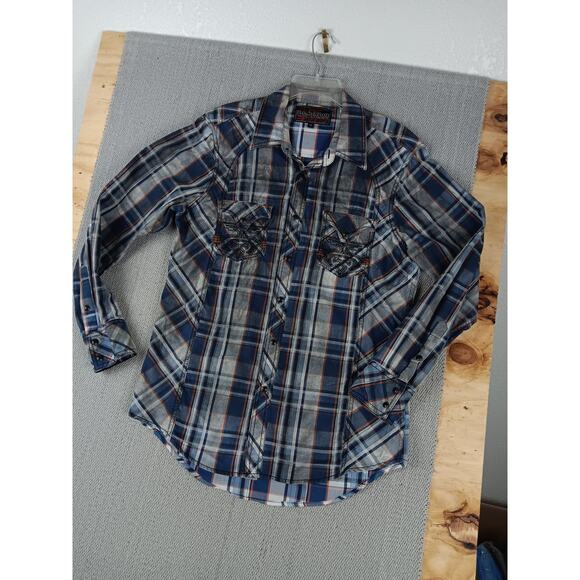 Rock & Roll Cowboy Western Shirt Mens M Smoke Plaid Blue Pearl Snap Embroidered - Picture 4 of 13